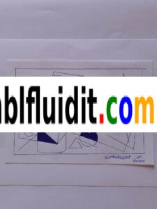 Disegno astratto originale realizzato a penna biro blu su carta nel 2020, composto da figure geometriche sovrapposte e intersecate in equilibrio visivo.