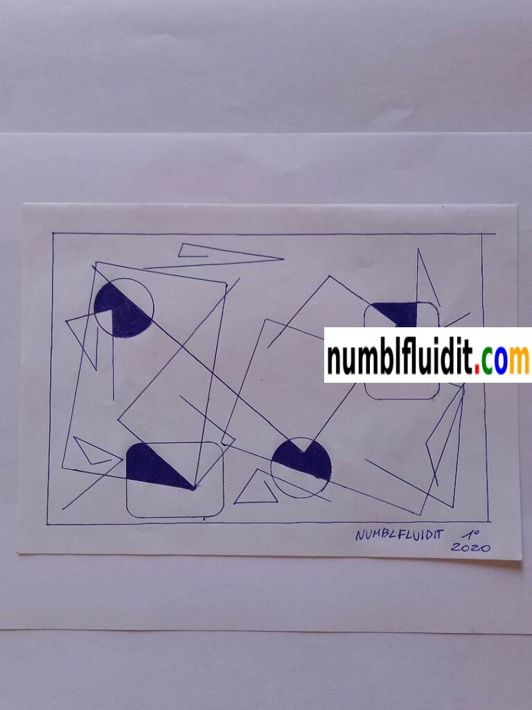 Disegno astratto originale realizzato a penna biro blu su carta nel 2020, composto da figure geometriche sovrapposte e intersecate in equilibrio visivo.