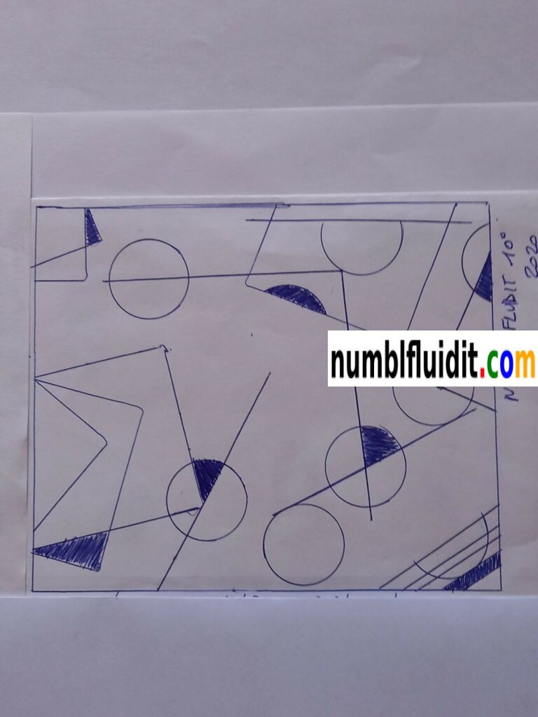 Disegno astratto originale realizzato a penna biro blu su carta nel 2020, composto da figure geometriche sovrapposte e intersecate in equilibrio visivo.