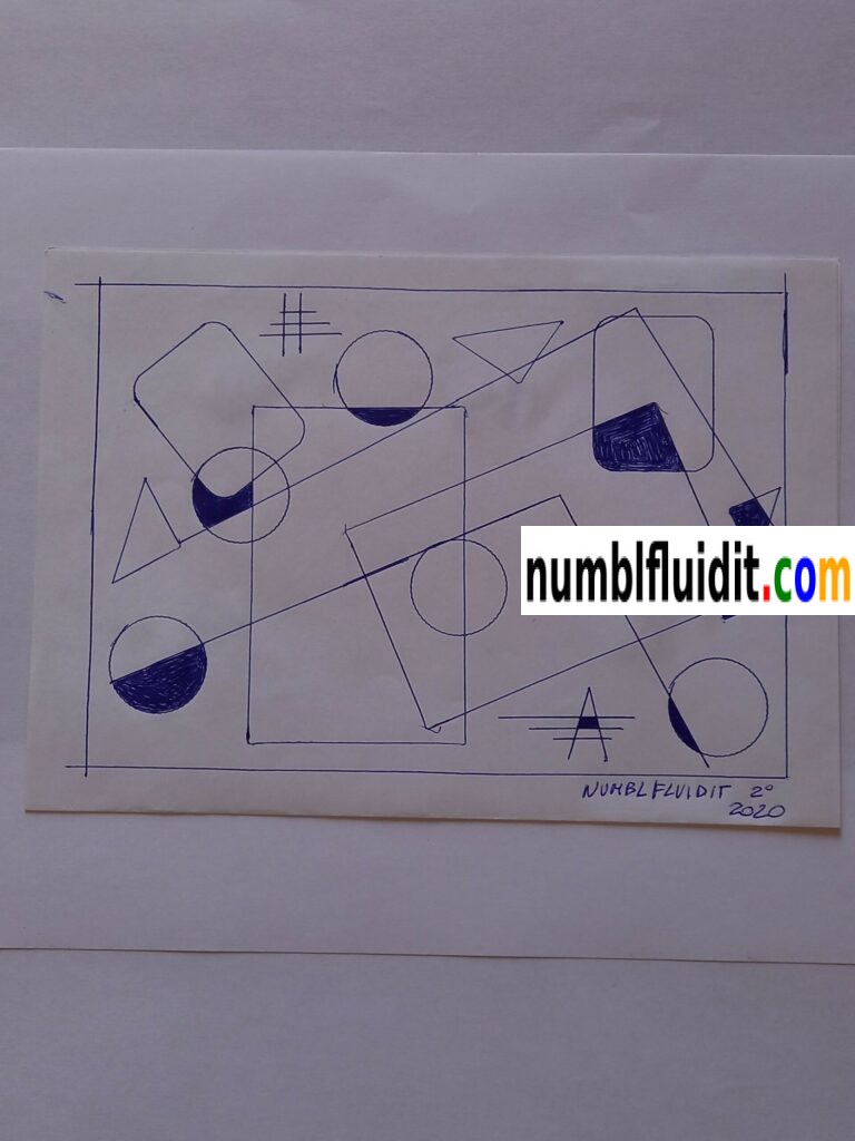 Disegno astratto originale realizzato a penna biro blu su carta nel 2020, composto da figure geometriche sovrapposte e intersecate in equilibrio visivo.