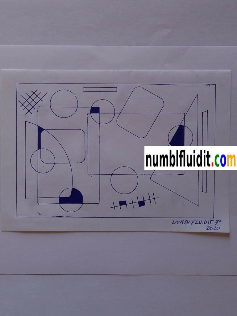 Disegno astratto originale realizzato a penna biro blu su carta nel 2020, composto da figure geometriche sovrapposte e intersecate in equilibrio visivo.