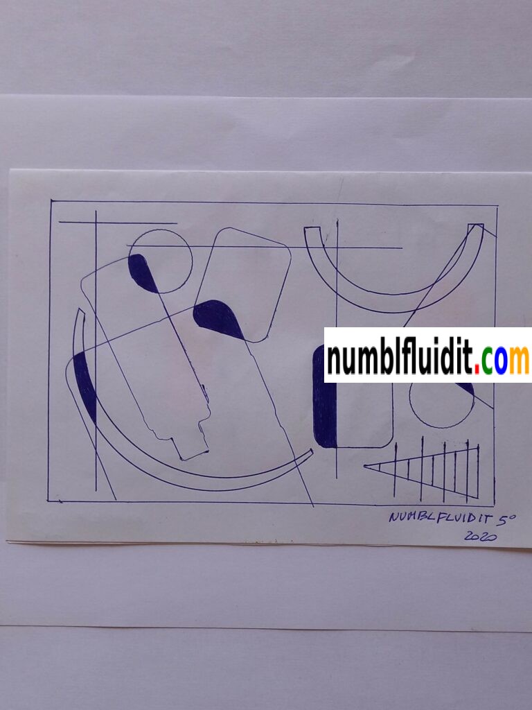 Disegno astratto originale realizzato a penna biro blu su carta nel 2020, composto da figure geometriche sovrapposte e intersecate in equilibrio visivo.