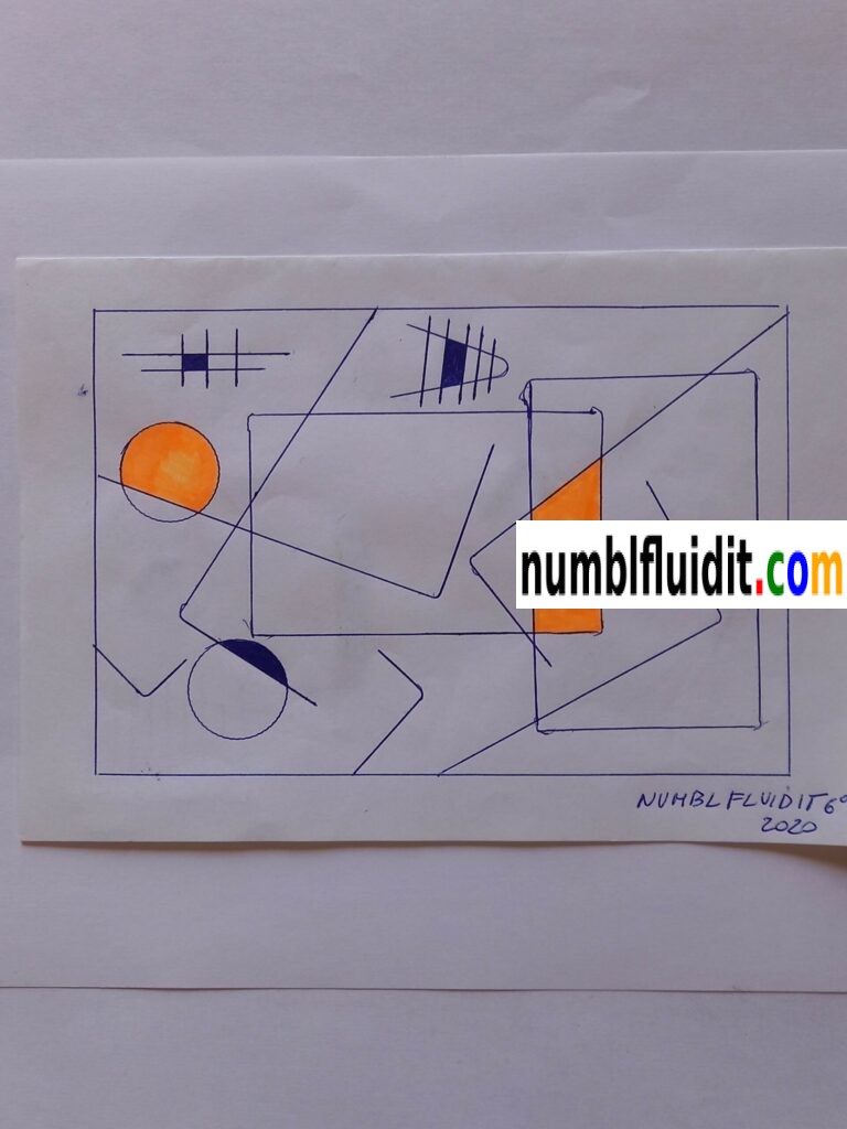 Disegno astratto originale realizzato a penna biro blu su carta nel 2020, composto da figure geometriche sovrapposte e intersecate in equilibrio visivo.