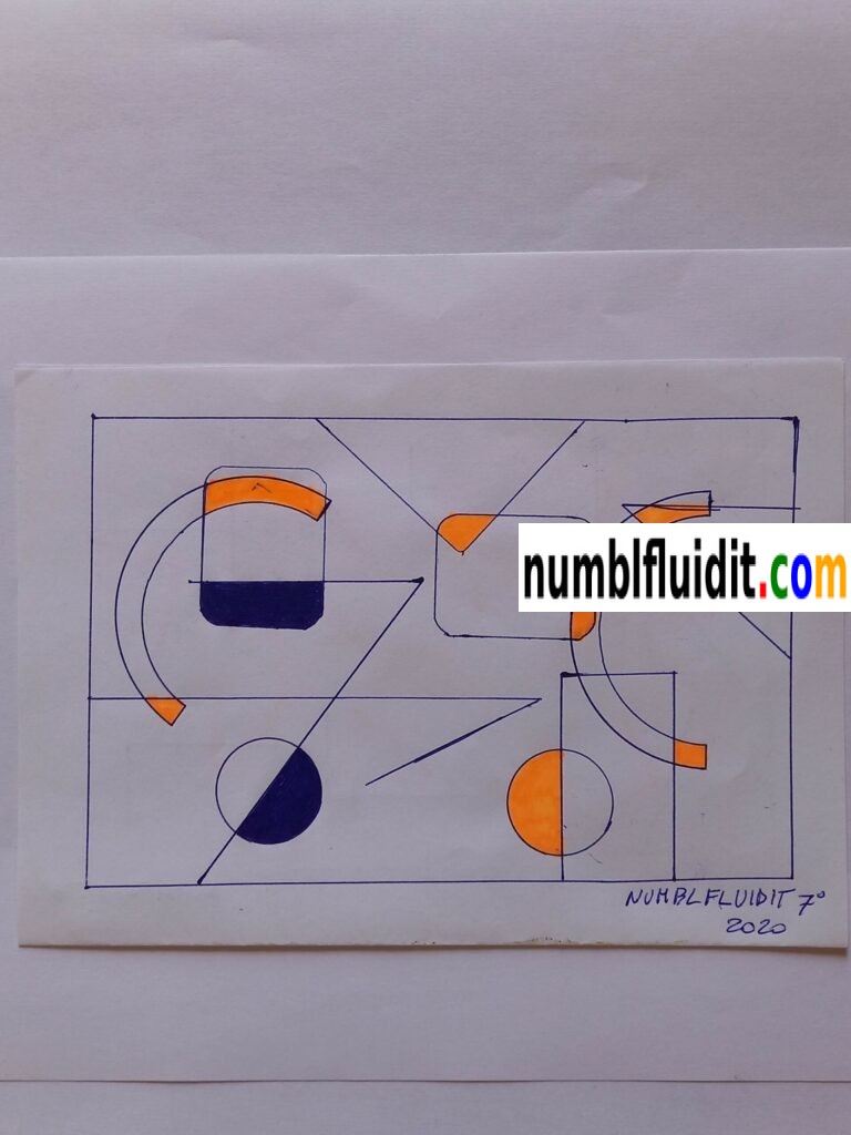 Disegno astratto originale realizzato a penna biro blu su carta nel 2020, composto da figure geometriche sovrapposte e intersecate in equilibrio visivo.