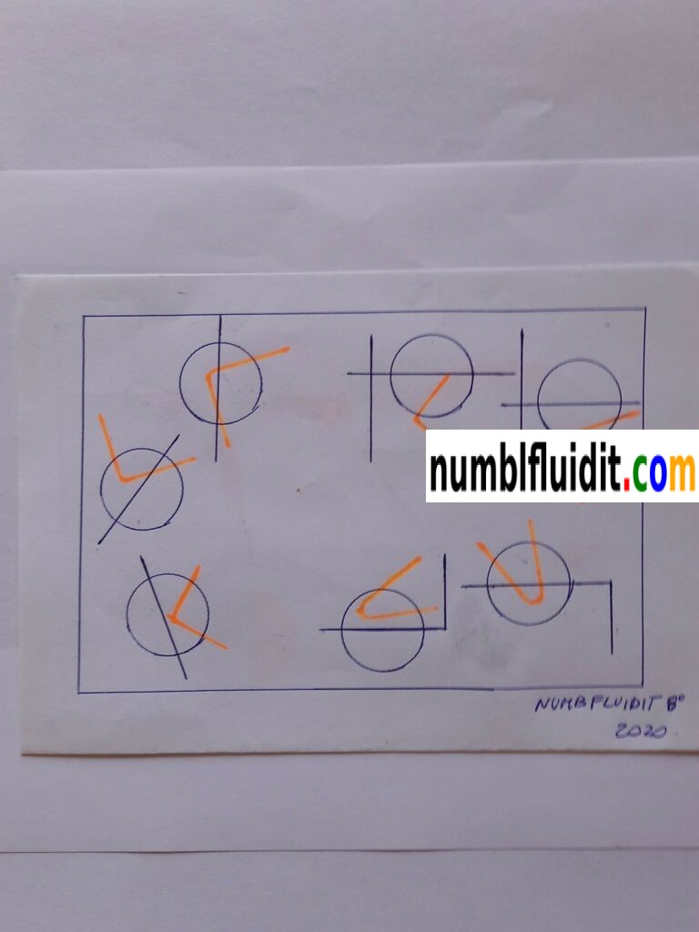 Disegno astratto originale realizzato a penna biro blu su carta nel 2020, composto da figure geometriche sovrapposte e intersecate in equilibrio visivo.