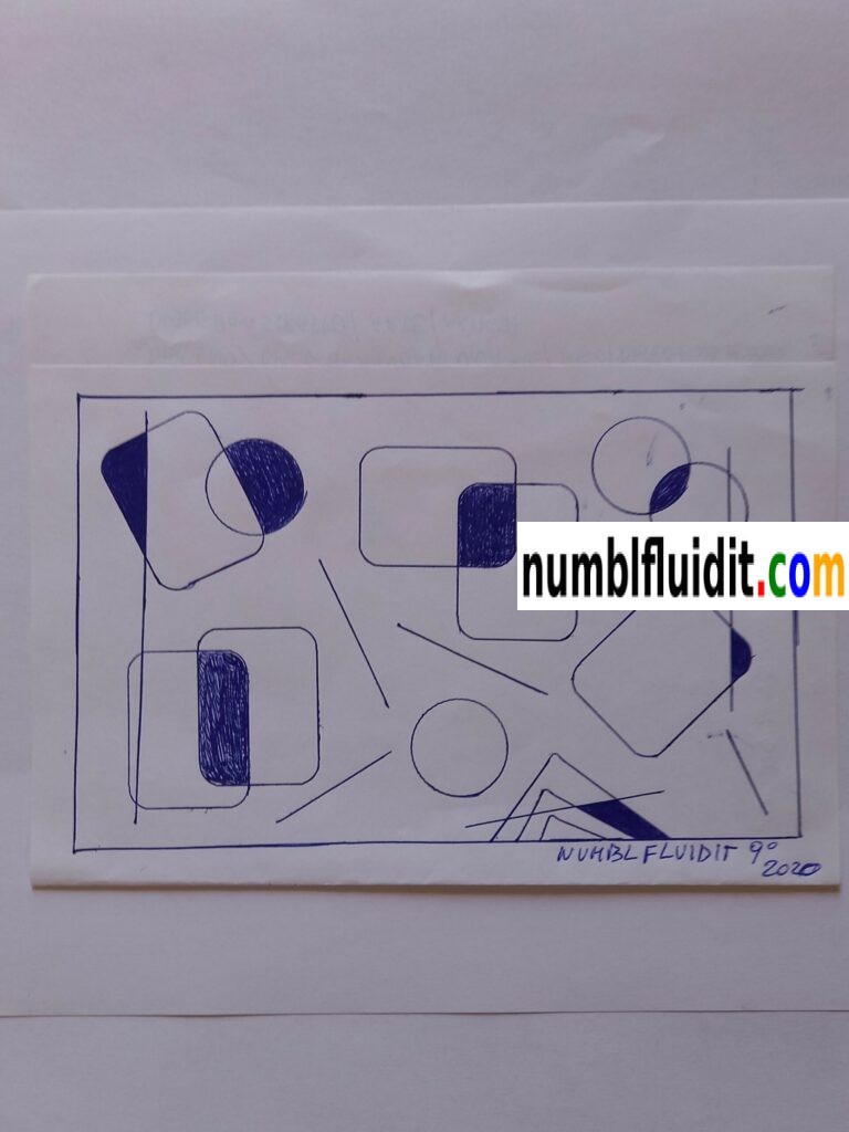 Disegno astratto originale realizzato a penna biro blu su carta nel 2020, composto da figure geometriche sovrapposte e intersecate in equilibrio visivo.